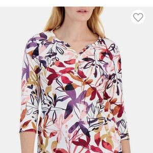 2X Plus Size Karen Scott 3/4 Sleeve Multicolor Henley neckline buttons